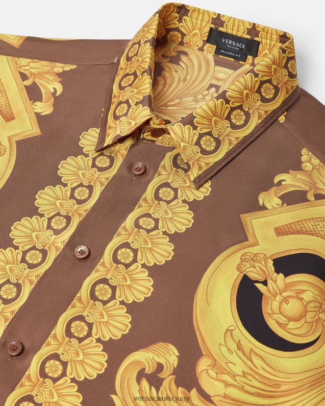 Versace camisa de seda barroco 660 hombres marrón y dorado ropa H88R0H1320