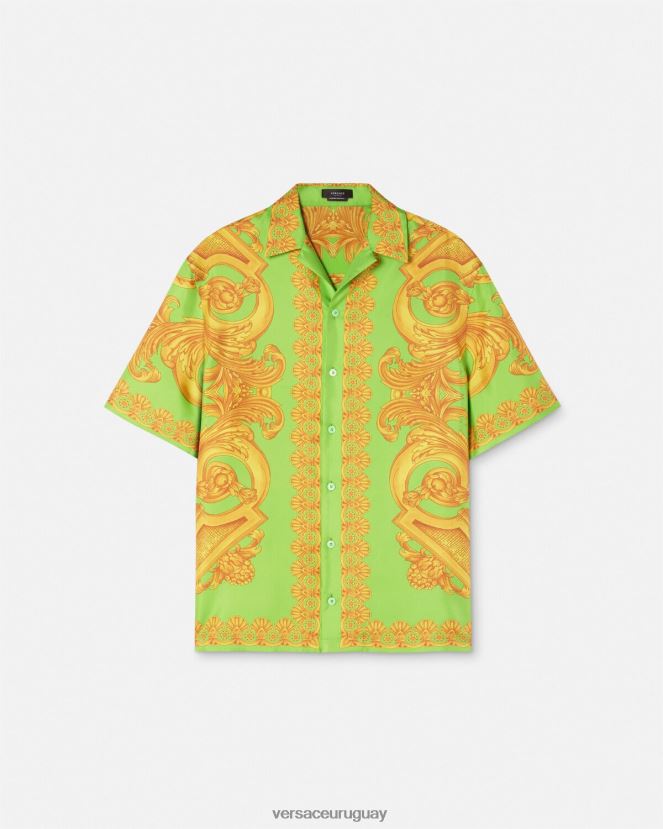 Versace camisa de seda barroco 660 hombres oro y verde ropa H88R0H1317
