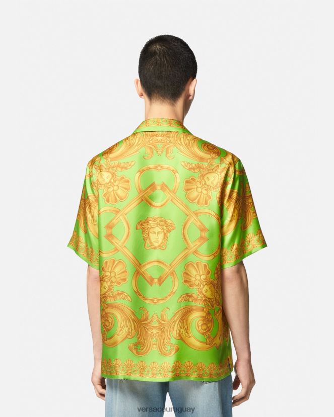 Versace camisa de seda barroco 660 hombres oro y verde ropa H88R0H1317