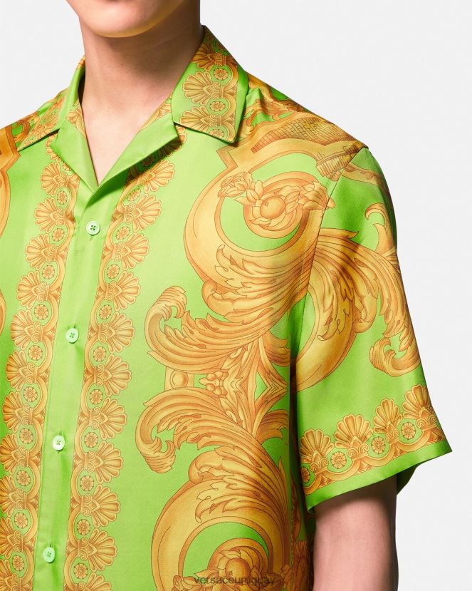 Versace camisa de seda barroco 660 hombres oro y verde ropa H88R0H1317
