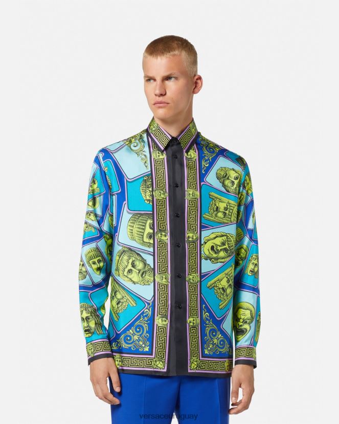 Versace camisa de seda le maschere hombres imprimir ropa H88R0H1305
