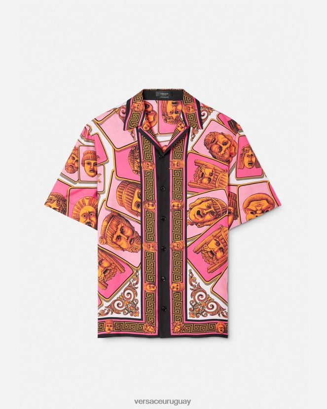 Versace camisa de seda le maschere hombres rosa y estampado ropa H88R0H1307