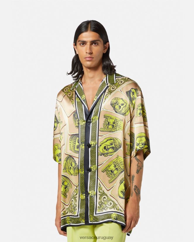 Versace camisa extragrande de seda le maschere hombres imprimir ropa H88R0H1308