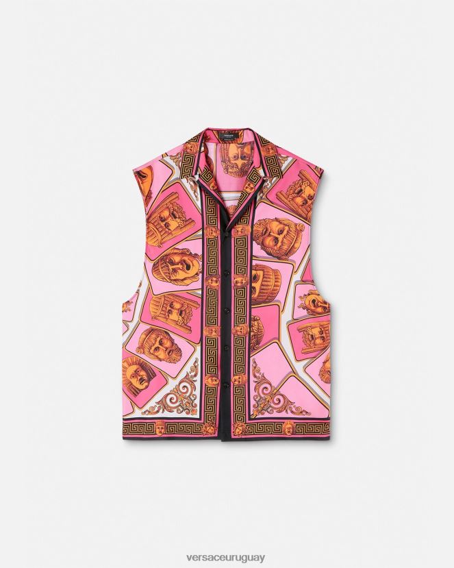Versace le maschere camisa de seda sin mangas hombres rosa y estampado ropa H88R0H1304