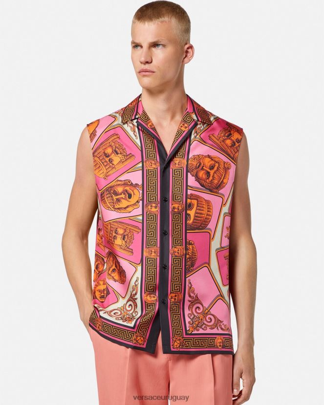 Versace le maschere camisa de seda sin mangas hombres rosa y estampado ropa H88R0H1304
