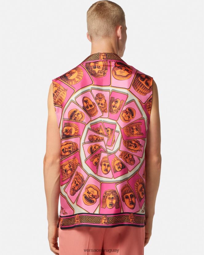 Versace le maschere camisa de seda sin mangas hombres rosa y estampado ropa H88R0H1304