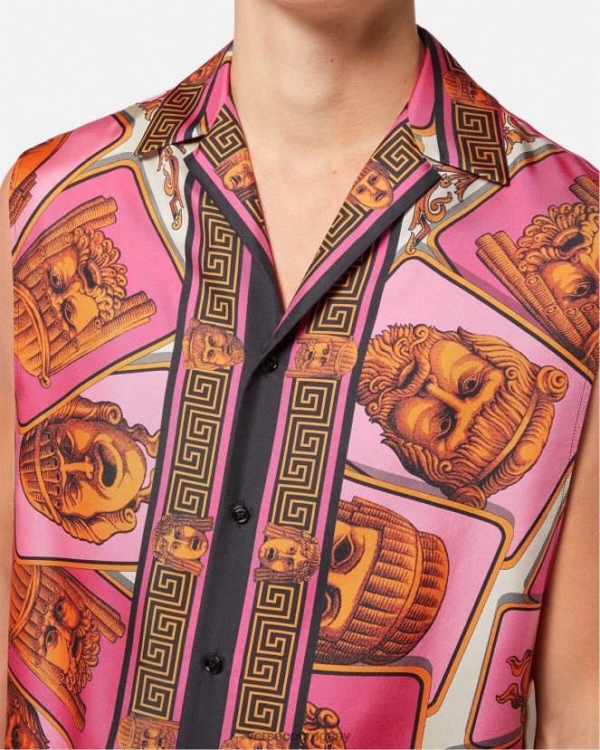 Versace le maschere camisa de seda sin mangas hombres rosa y estampado ropa H88R0H1304