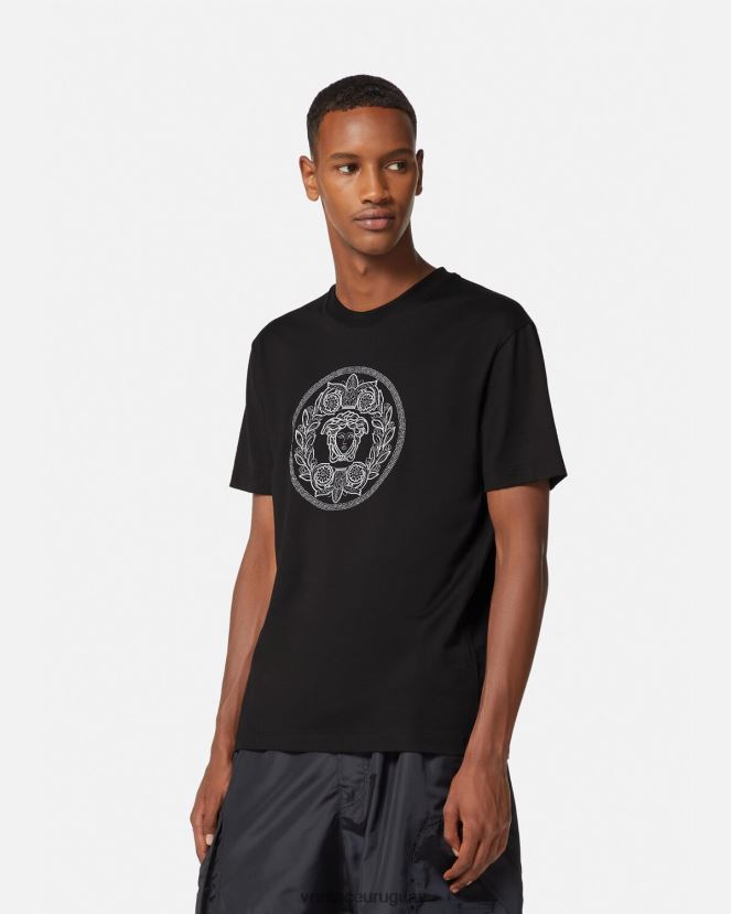 Versace camiseta con bordado de medusa hombres negro ropa H88R0H1396