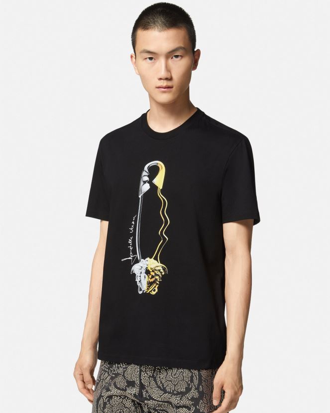 Versace camiseta con estampado de imperdible hombres negro ropa H88R0H1400
