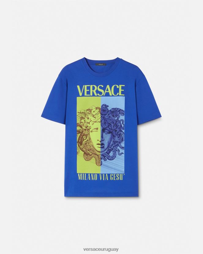 Versace camiseta con estampado de medusa hombres azul ropa H88R0H1411