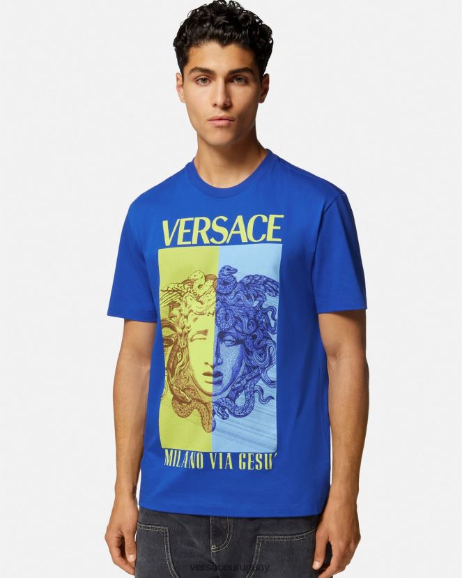 Versace camiseta con estampado de medusa hombres azul ropa H88R0H1411