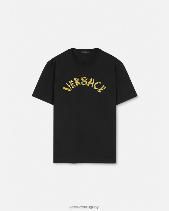 Versace camiseta con logo barroco de conchas marinas hombres negro ropa H88R0H1359