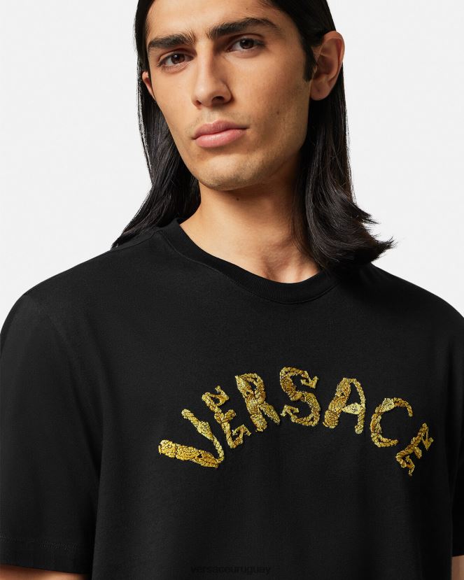 Versace camiseta con logo barroco de conchas marinas hombres negro ropa H88R0H1359
