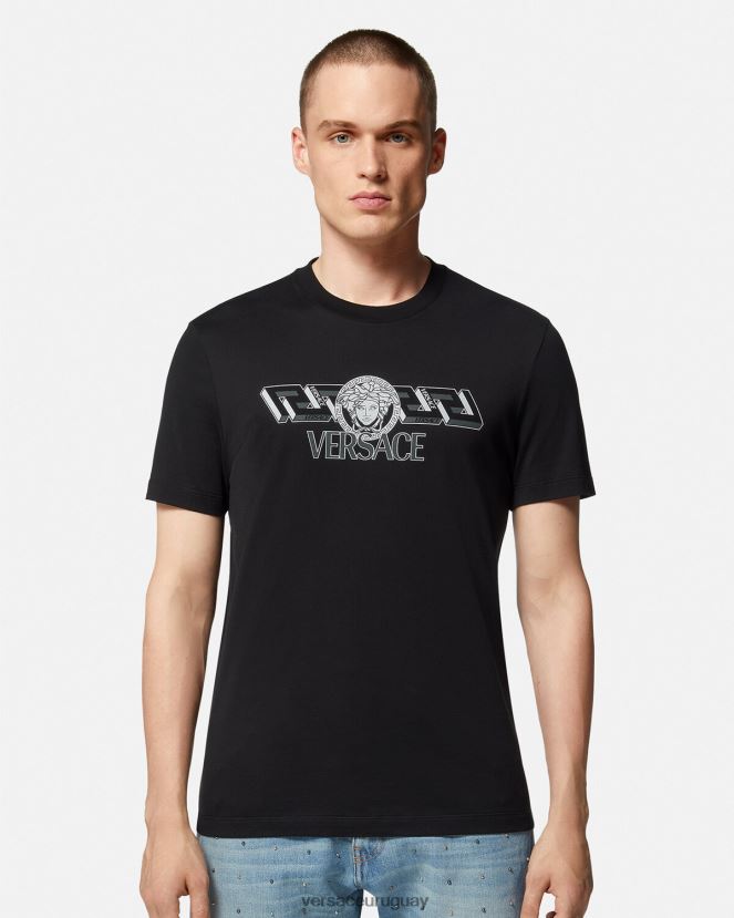 Versace camiseta con logo de la greca hombres negro ropa H88R0H1409