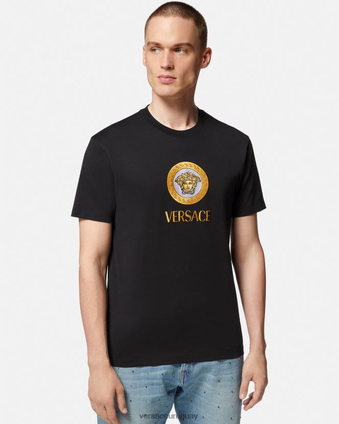 Versace camiseta con logo de medusa bordado hombres negro ropa H88R0H1399