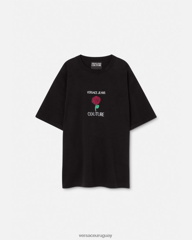 Versace camiseta con logo de rosas hombres negro ropa H88R0H2372