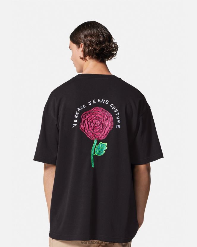 Versace camiseta con logo de rosas hombres negro ropa H88R0H2372