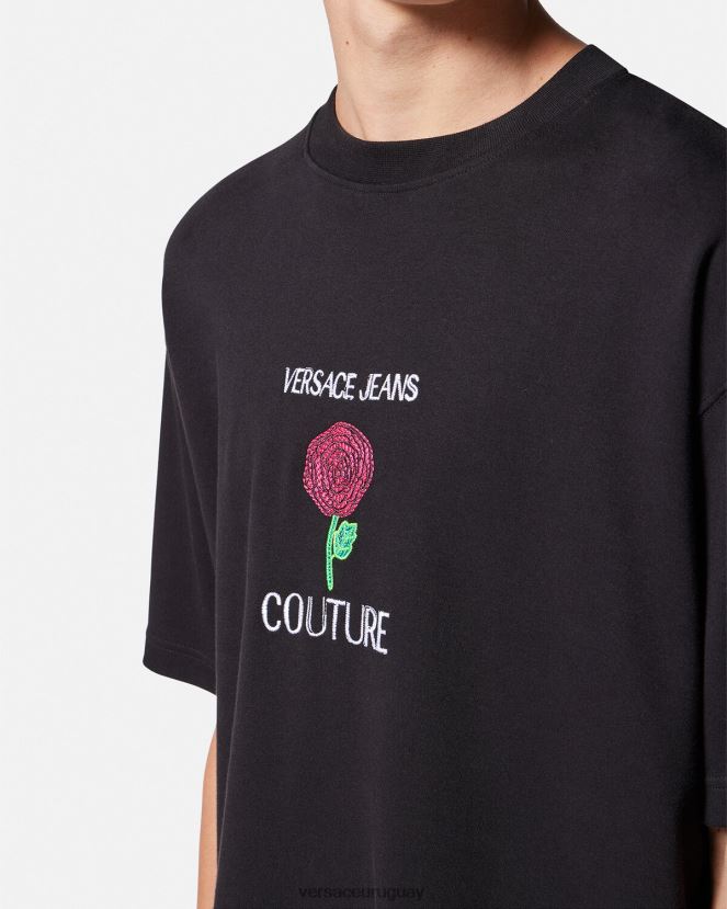 Versace camiseta con logo de rosas hombres negro ropa H88R0H2372