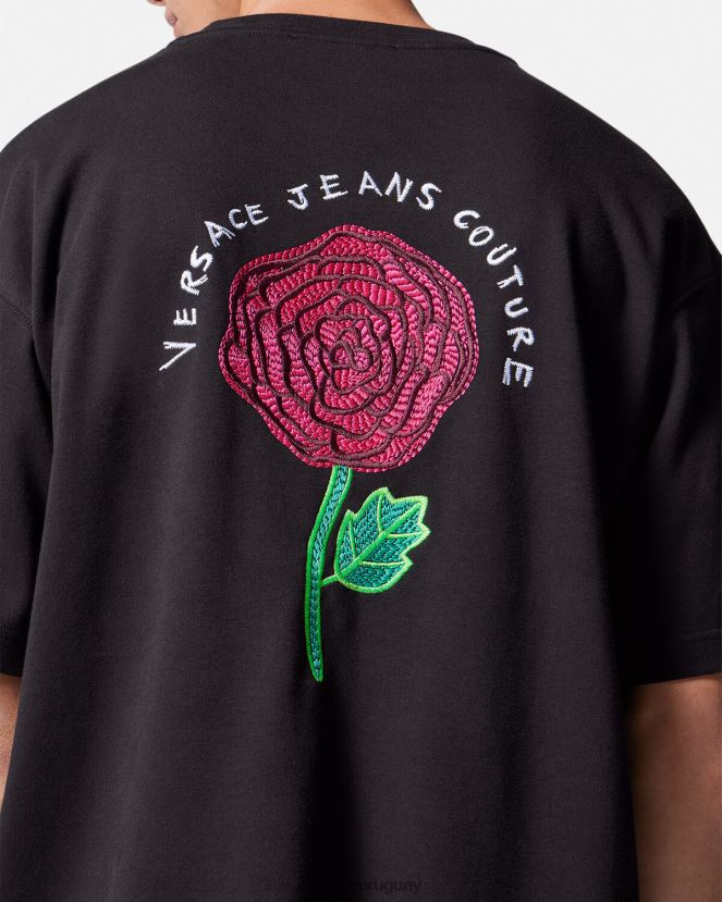 Versace camiseta con logo de rosas hombres negro ropa H88R0H2372