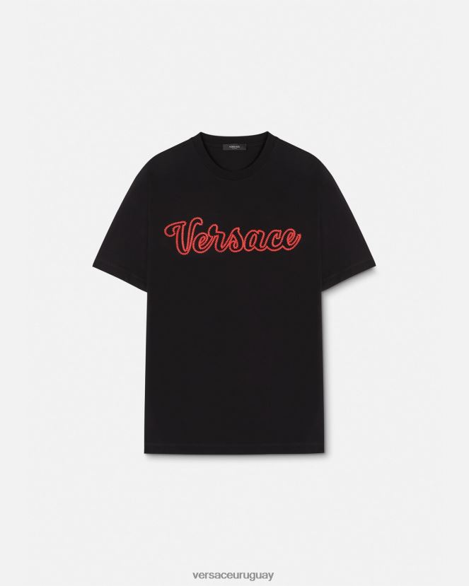 Versace camiseta con logo universitario bordado hombres negro ropa H88R0H1404