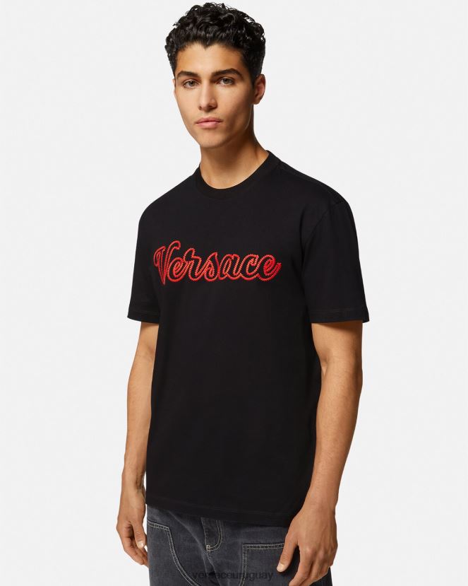 Versace camiseta con logo universitario bordado hombres negro ropa H88R0H1404
