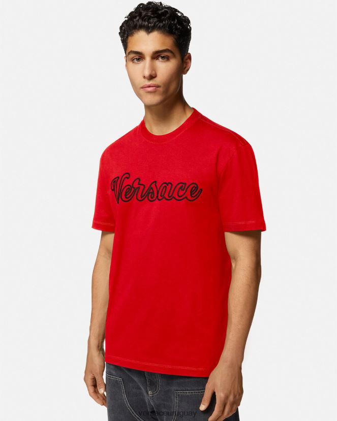 Versace camiseta con logo universitario bordado hombres rojo ropa H88R0H1405