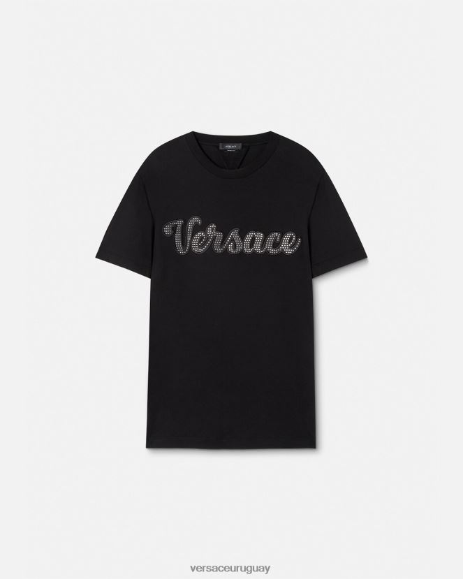 Versace camiseta con logo universitario de cristales hombres negro ropa H88R0H1406