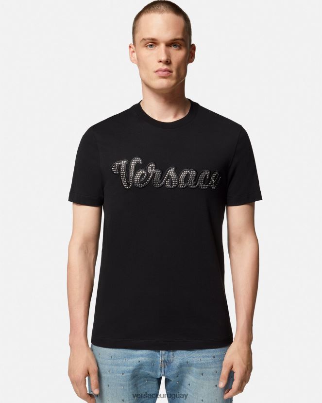 Versace camiseta con logo universitario de cristales hombres negro ropa H88R0H1406