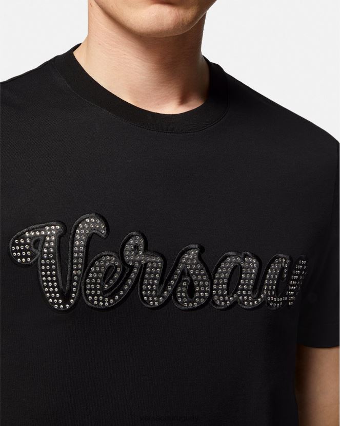 Versace camiseta con logo universitario de cristales hombres negro ropa H88R0H1406