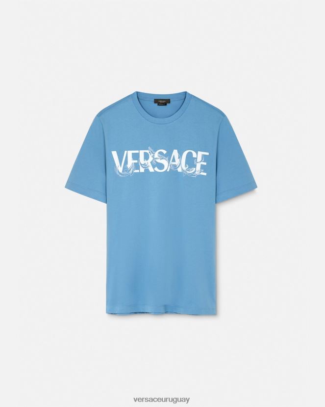 Versace camiseta con logo y silueta barroca hombres azul claro ropa H88R0H1367