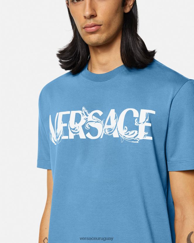 Versace camiseta con logo y silueta barroca hombres azul claro ropa H88R0H1367