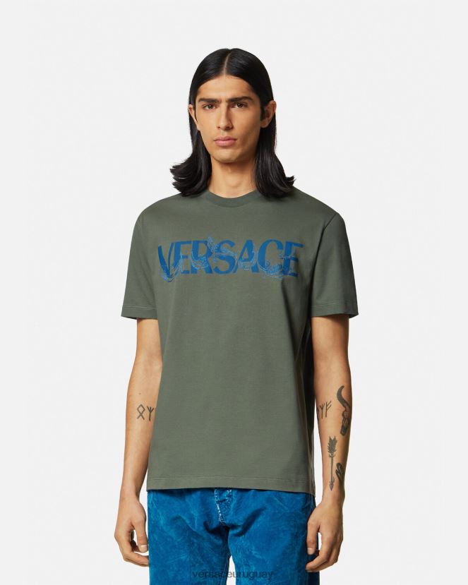 Versace camiseta con logo y silueta barroca hombres verde ropa H88R0H1368