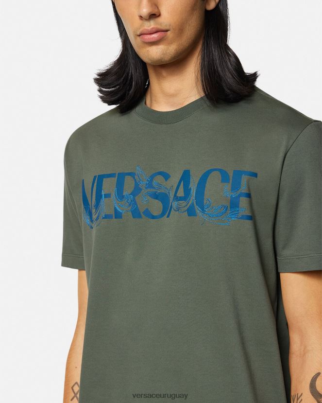 Versace camiseta con logo y silueta barroca hombres verde ropa H88R0H1368