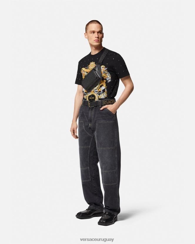 Versace camiseta con rejilla de cristal barroco hombres negro ropa H88R0H1402