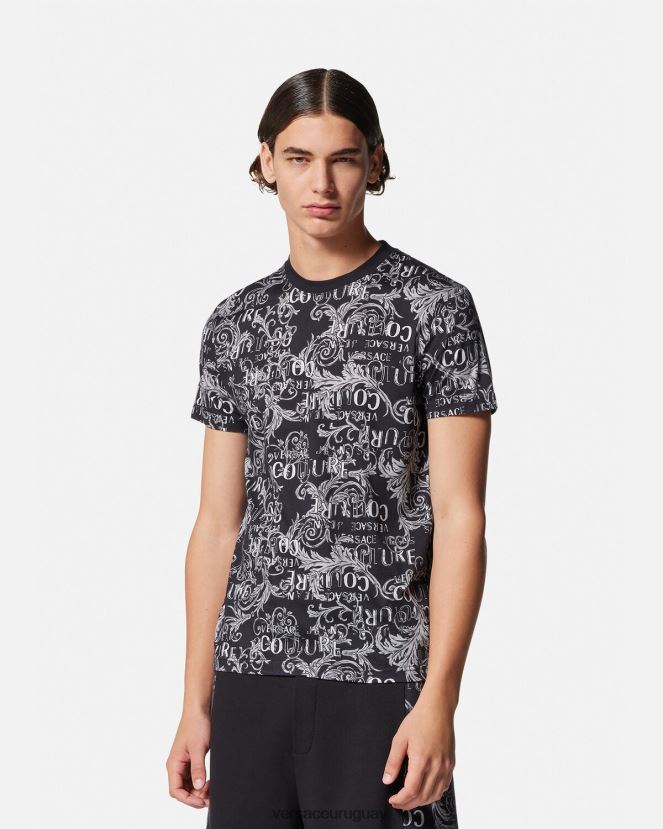 Versace camiseta de alta costura con logo hombres negro y estampado ropa H88R0H2385