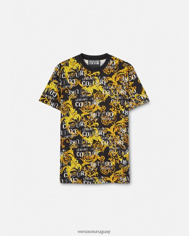 Versace camiseta de alta costura con logo hombres oro negro ropa H88R0H2387
