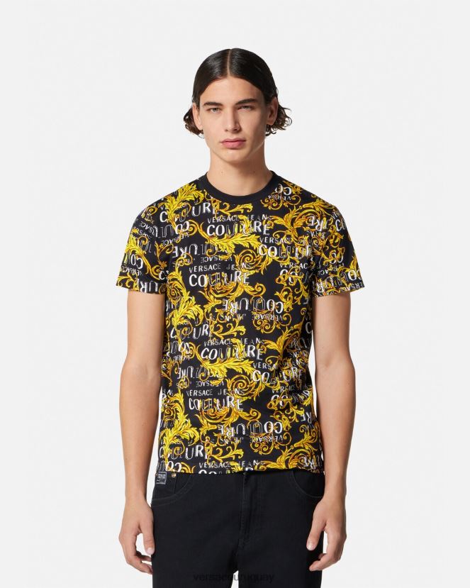 Versace camiseta de alta costura con logo hombres oro negro ropa H88R0H2387