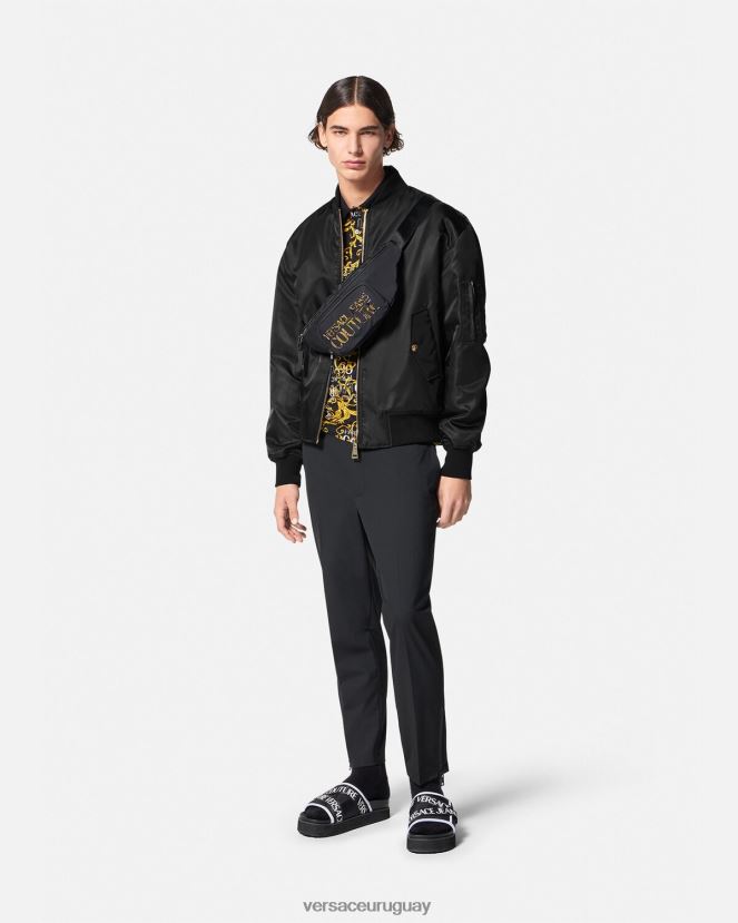 Versace chaqueta bomber de alta costura con logo hombres oro negro ropa H88R0H2417