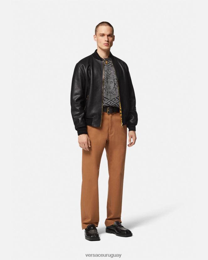 Versace chaqueta bomber de cuero con greca hombres negro ropa H88R0H1225