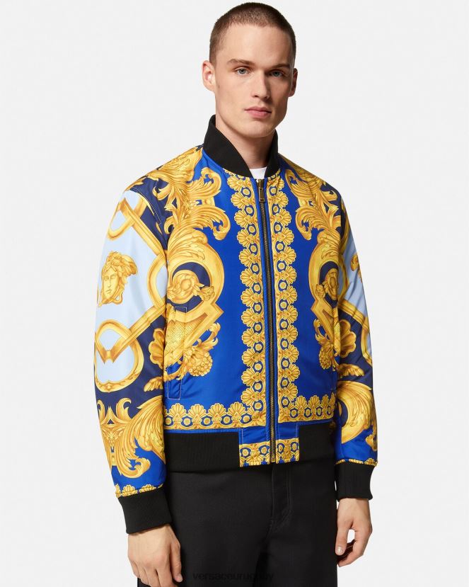 Versace chaqueta bomber reversible barroco 660 hombres azul y oro ropa H88R0H1240