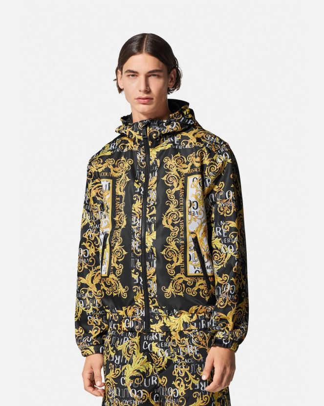 Versace chaqueta cortavientos de alta costura con logo hombres negro y estampado ropa H88R0H2414