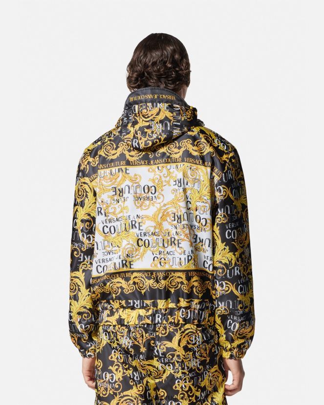 Versace chaqueta cortavientos de alta costura con logo hombres negro y estampado ropa H88R0H2414