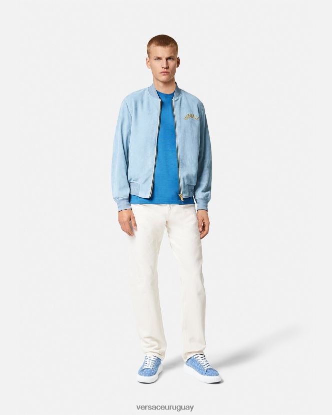 Versace chaqueta de ante con logo barroco y conchas marinas hombres azul claro ropa H88R0H1223
