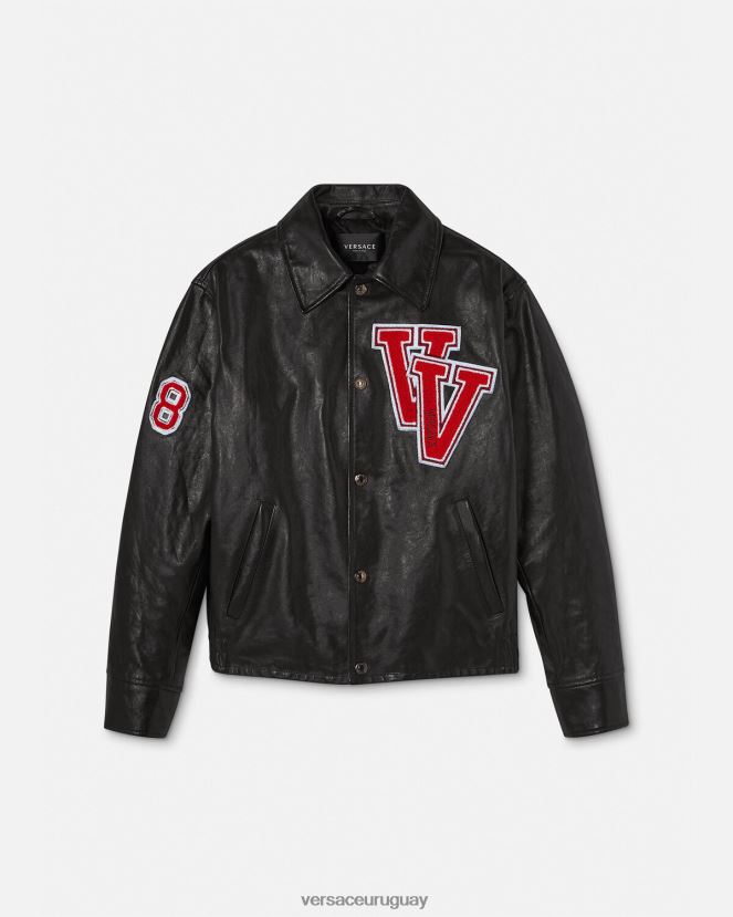 Versace chaqueta de cuero universitaria hombres negro ropa H88R0H1258