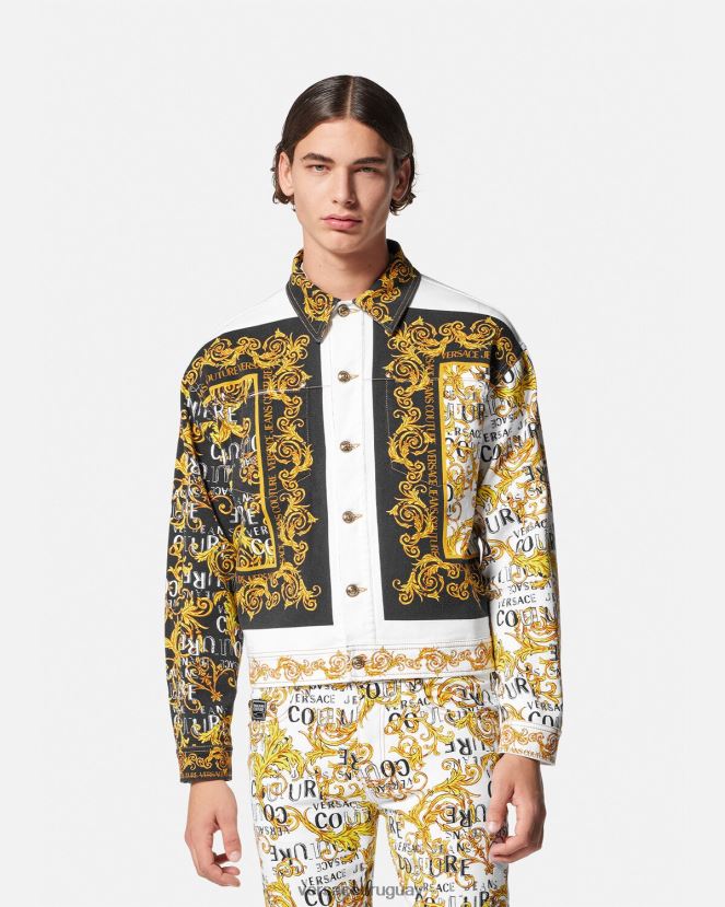 Versace chaqueta vaquera de alta costura con logo hombres oro y blanco ropa H88R0H2416