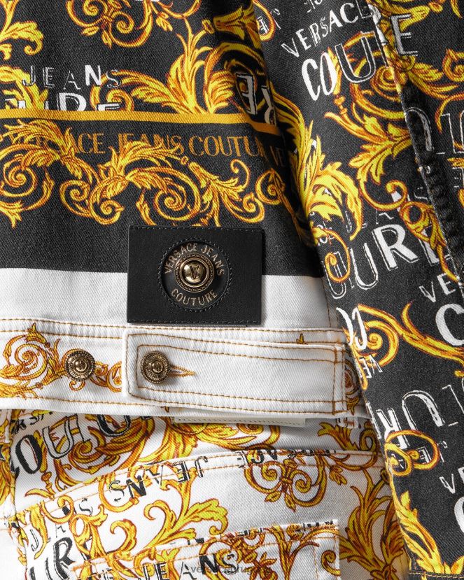 Versace chaqueta vaquera de alta costura con logo hombres oro y blanco ropa H88R0H2416