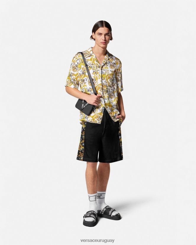 Versace shorts deportivos de alta costura con logo hombres oro negro ropa H88R0H2422