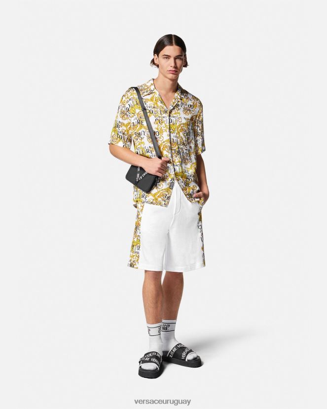 Versace shorts deportivos de alta costura con logo hombres oro y blanco ropa H88R0H2424