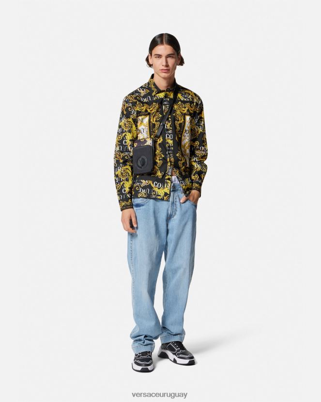 Versace camisa de alta costura con logo hombres oro negro ropa H88R0H2393