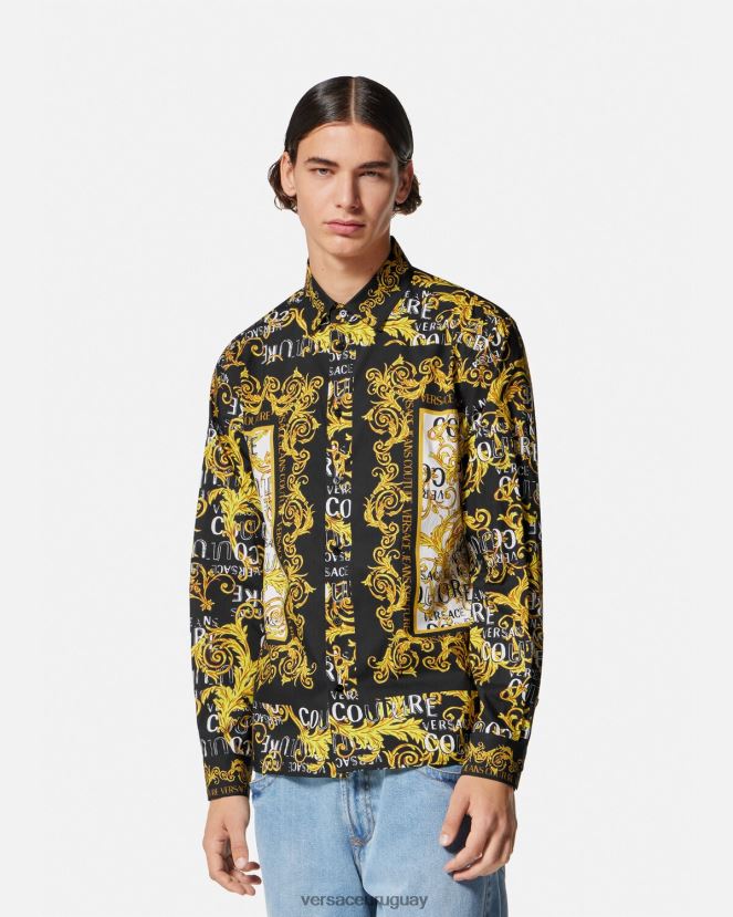 Versace camisa de alta costura con logo hombres oro negro ropa H88R0H2393